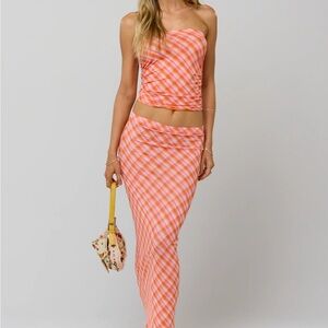 Tube Top & Maxi Skirt Set in Pink-Orange Plaid